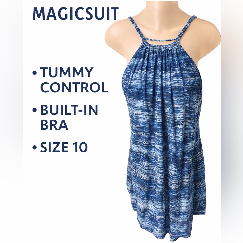 MAGICSUIT Blue Swim Dress Size 8 Tummy Control Built-In Bra Flowy Tankini